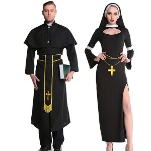 Halloween & Carnival Costumes |   Nun Priest Couples’ Costumes Men’s Women’s Movie Cosplay Cosplay Black Dress Pants Shawl Carnival Masquerade Polyester / Waist Belt / Waist Belt Black Cosplay & Costumes Black