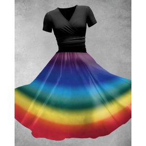 Halloween & Carnival Costumes |   Rainbow Cosplay Swing Dress Flare Dress Rainbow Women’s for Masquerade Pride Parade Pride Month Adults’ Rainbow 0218C Cosplay & Costumes Halloween & Carnival Costumes