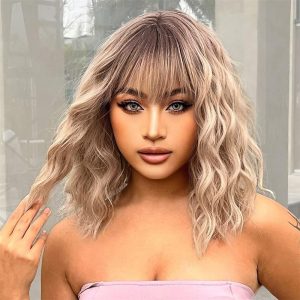 Halloween & Carnival Costumes |   Short Ombre Blonde Wig With Bangs Shoulder Length Curly Wavy Bob Wig for Women Natural Looking Synthetic Curly Blonde Bob Wig for Party and Daily Wear A7 Cosplay & Costumes A7