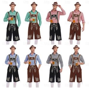 Halloween & Carnival Costumes |   Oktoberfest Beer Costume Blouse / Shirt Lederhosen Oktoberfest / Beer Bavarian Bavarian Wiesn Men’s Traditional Style Cloth Blouse Shorts Hat Dark Red Cosplay & Costumes Dark Red