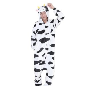 Kigurumi Pajamas |   Adults’ Kigurumi Pajamas Milk Cow Embroidered Onesie Pajamas Flannel Fabric Cosplay For Men and Women Christmas Animal Sleepwear Cartoon Black | White Cosplay & Costumes Black / White