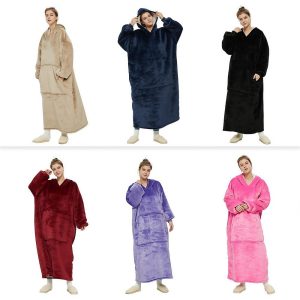 Kigurumi Pajamas |   Adults’ Oversized Hoodie Blanket Wearable Blanket With Pocket Cartoon Ririchiyo Shirakiin Solid Color Onesie Pajamas Flannel Cosplay For Men and Women Carnival Animal Sleepwear Cartoon Blue Cosplay & Costumes Blue