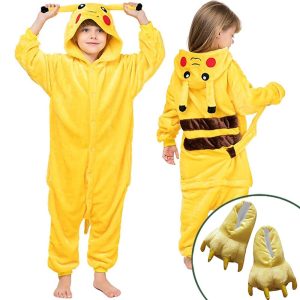 Kigurumi Pajamas |   Set with Flannel Onesie Kigurumi Pajamas Claw Slippers 2 PCS Set Nightwear Camouflage Cute Pika Pika Cartoon Animal Kid’s Unisex  Cozy Homewear Yellow Cosplay & Costumes Kigurumi Pajamas