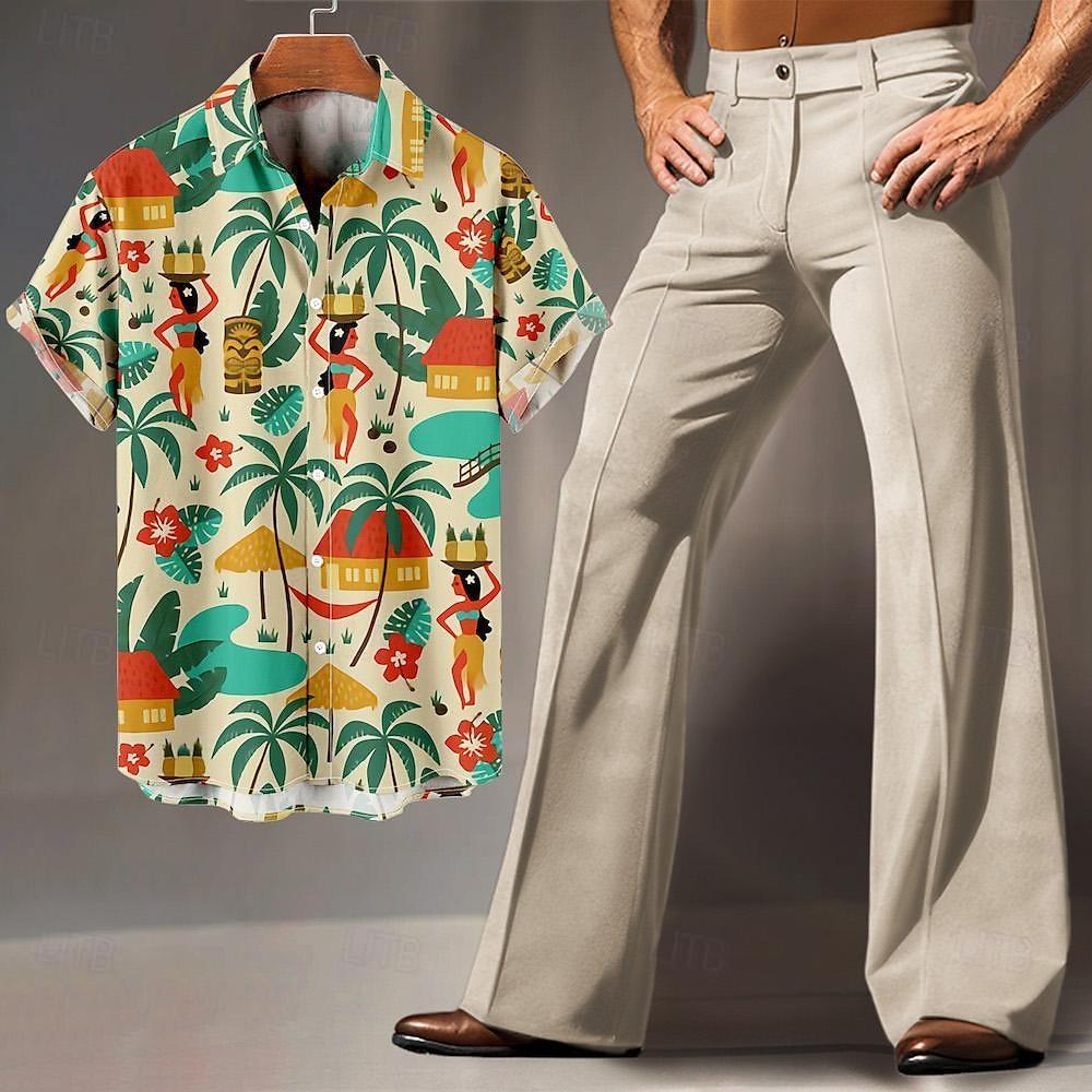 Historical & Vintage Costumes |   Men’s Retro Vintage 1960s Hippie 1970s Disco Outfits Bell Bottom Pants Hawaiian Shirts Hippie Disco Shirt Matching Sets Green Cosplay & Costumes Green