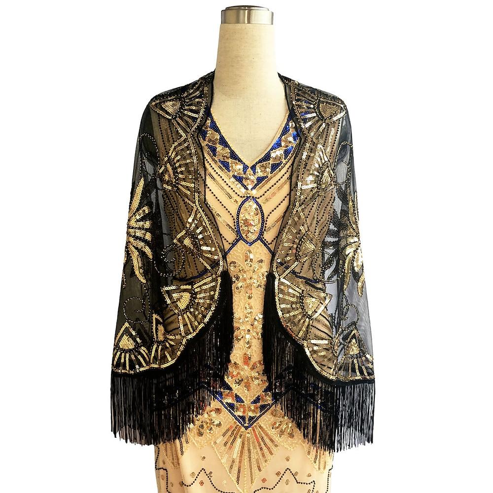 Historical & Vintage Costumes |   Vintage 1920s The Great Gatsby Party Costume Masquerade Shawls The Great Gatsby Women’s Sequins Tassel Fringe Sequin Tassel Wedding Party Wedding Guest Shawl Black Cosplay & Costumes Black