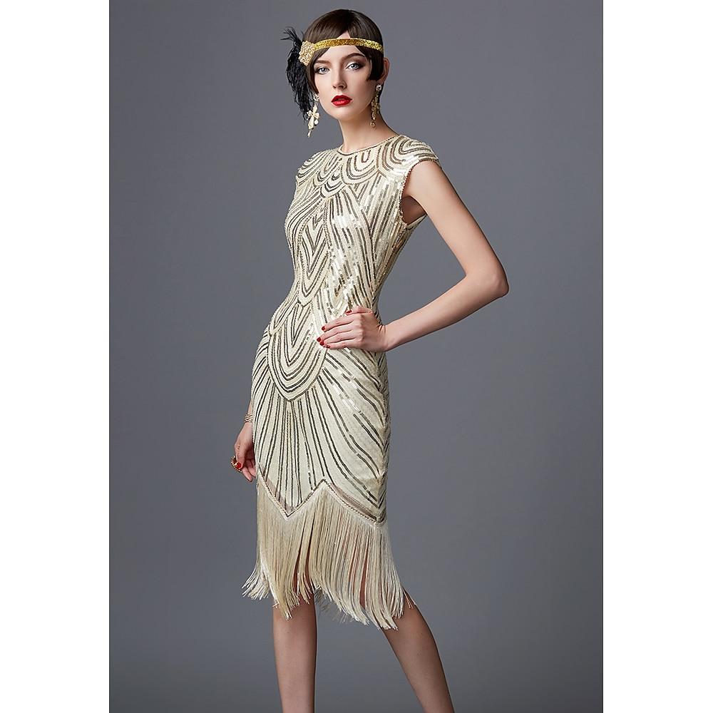 Historical & Vintage Costumes |   Roaring 20s 1920s Cocktail Dress Vintage Dress Flapper Dress Dress Halloween Costumes Prom Dresses Christmas Party Dress Knee Length The Great Gatsby Charleston Women’s Sequins Embroidered Wedding Champagne Cosplay & Costumes Champagne