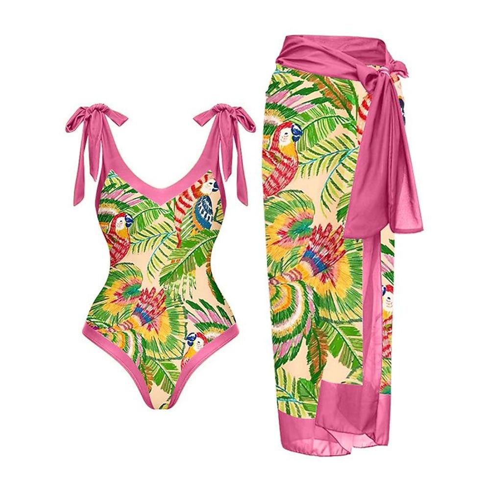 Swimwear & Beachwear |   2 pcs Swimwear Cover Up Swimsuits Retro Vintage 1980s Women’s Floral Polyester Pink Skirt One-piece Swimswuit Pink Cosplay & Costumes Pink