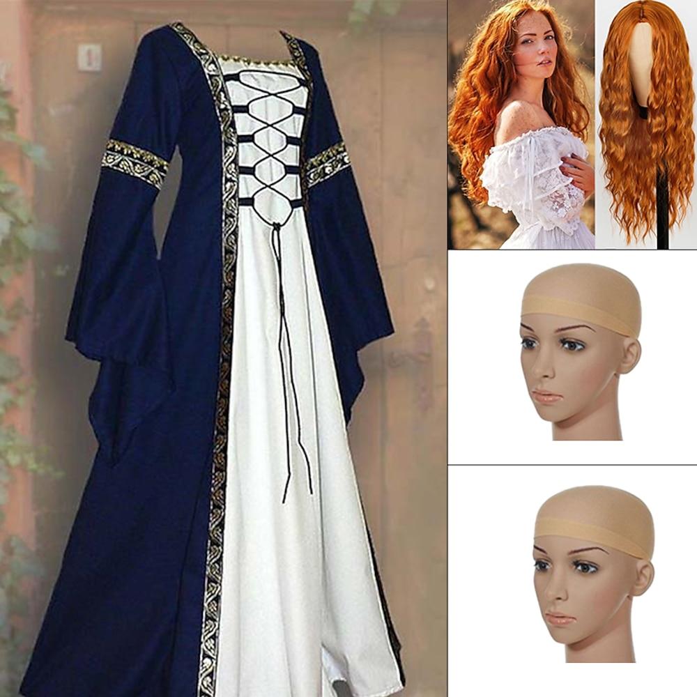 Historical & Vintage Costumes |   Set with Medieval Lace Up Dress Long Water Wave Red Wigs 2* Wig Caps Renaissance Vintage Dress Outlander Vikings Plus Size Women’s Cosplay Costume Halloween LARP Party Festival Dress Blue Cosplay & Costumes Blue