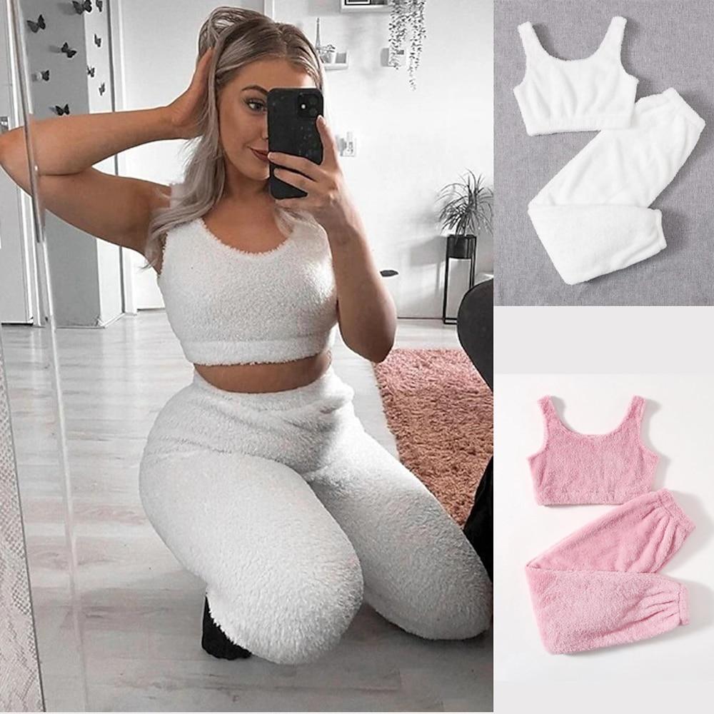 Kigurumi Pajamas |   Solid Fuzzy Lounge Set Warm Tank Crop Top & Elastic Waistband Pants 2 PCS Women’s Loungewear & Sleepwear Nightwear White Cosplay & Costumes Kigurumi Pajamas